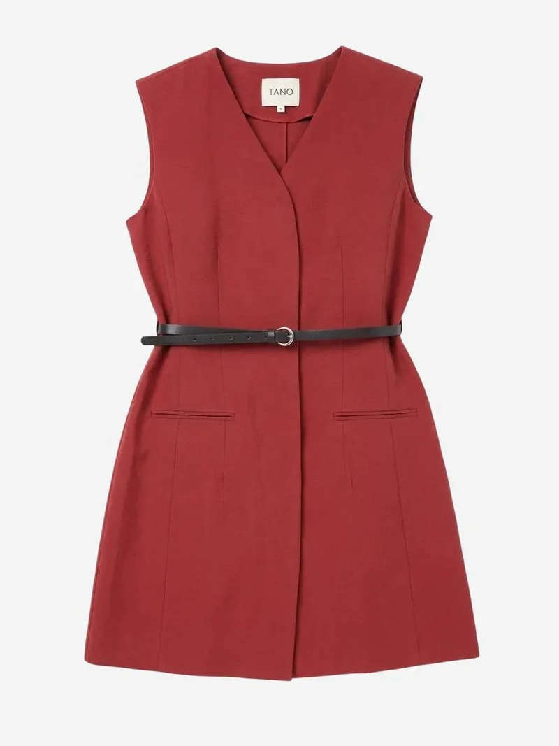 My Fashion Burgundy Red MY FASHION Belted V-Neck Sleeveless Mini Shift Dress for Women | Best Price UAE
