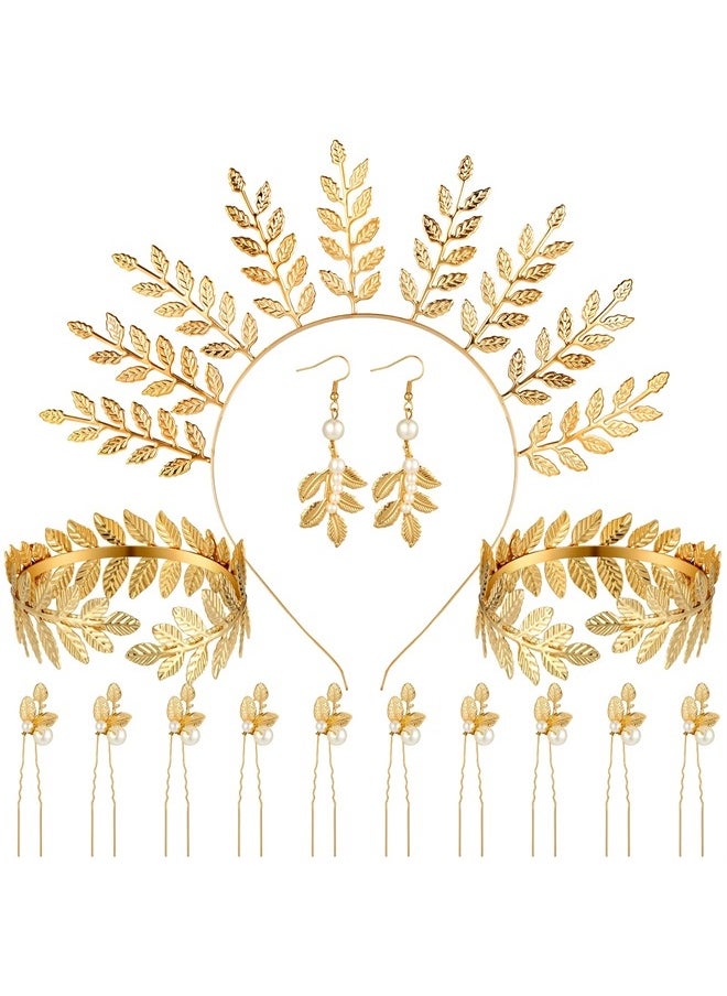 WILLBOND 15 Pieces Costume Bracelet, Golden Leaves Bridal Crown Headband, Pearl Earrings and Hair Pins (Elegant Style)  - Image 1