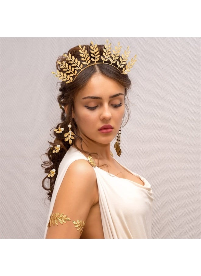 WILLBOND 15 Pieces Costume Bracelet, Golden Leaves Bridal Crown Headband, Pearl Earrings and Hair Pins (Elegant Style)  - Image 2