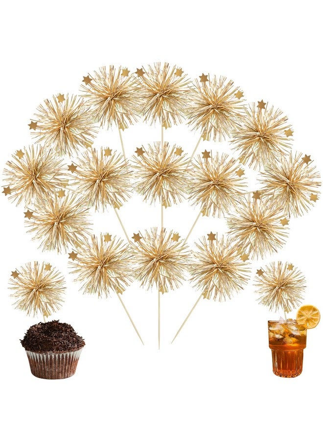 Ephlyn 30Pcs Foil Firework Cupcake Toppers Party Birthday Cake Toppers Supplies Sparkle Tinsel Cocktail Fruit Toothpick for Birthday Wedding Graduation Party Supplies Gold - Image 1
