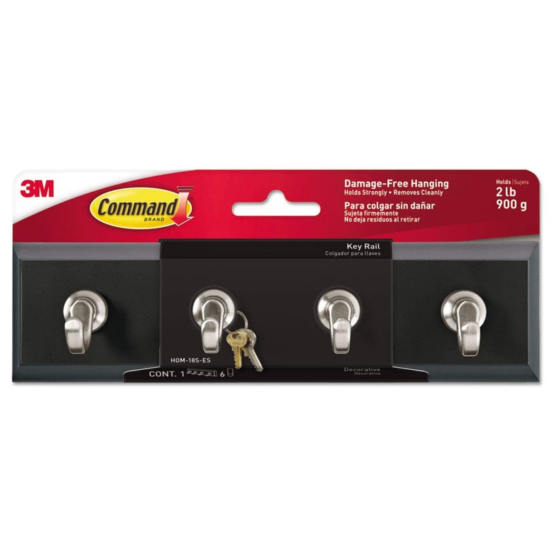 Command 3M Hom18Ses Decorative Key Rail  8W X 1 1/2D X 2 1/8H  Black/Silver  4 Hooks/Pack - Image 1