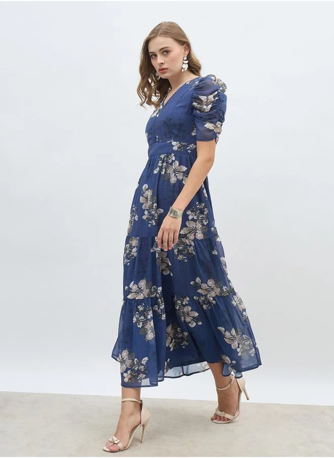 Styli Styli Floral Print Ruched Puff Sleeves Tiered Maxi Dress