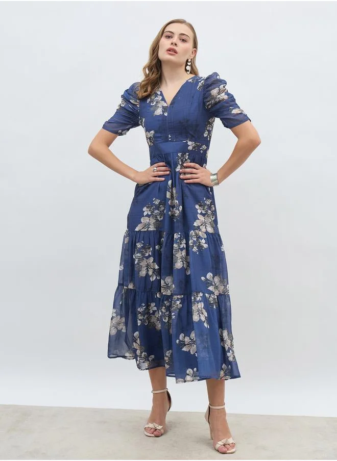Styli Styli Floral Print Ruched Puff Sleeves Tiered Maxi Dress