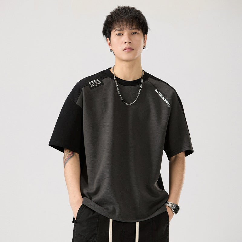 T9970 | plus size Men''s Summer New 260g Heavy Crewneck T-shirt Loose Shoulder Stitching Printed Short Sleeve Men - Image 1