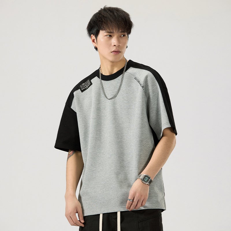 T9970 | plus size Men''s Summer New 260g Heavy Crewneck T-shirt Loose Shoulder Stitching Printed Short Sleeve Men - Image 4