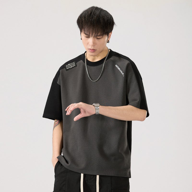 T9970 | plus size Men''s Summer New 260g Heavy Crewneck T-shirt Loose Shoulder Stitching Printed Short Sleeve Men - Image 5