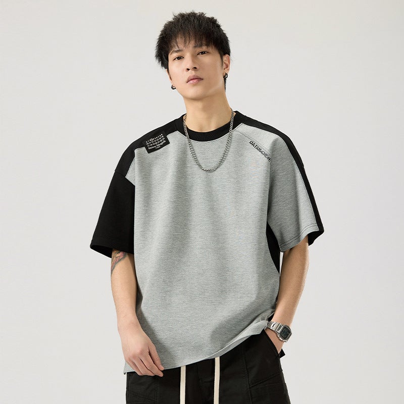 T9970 | plus size Men''s Summer New 260g Heavy Crewneck T-shirt Loose Shoulder Stitching Printed Short Sleeve Men - Image 3