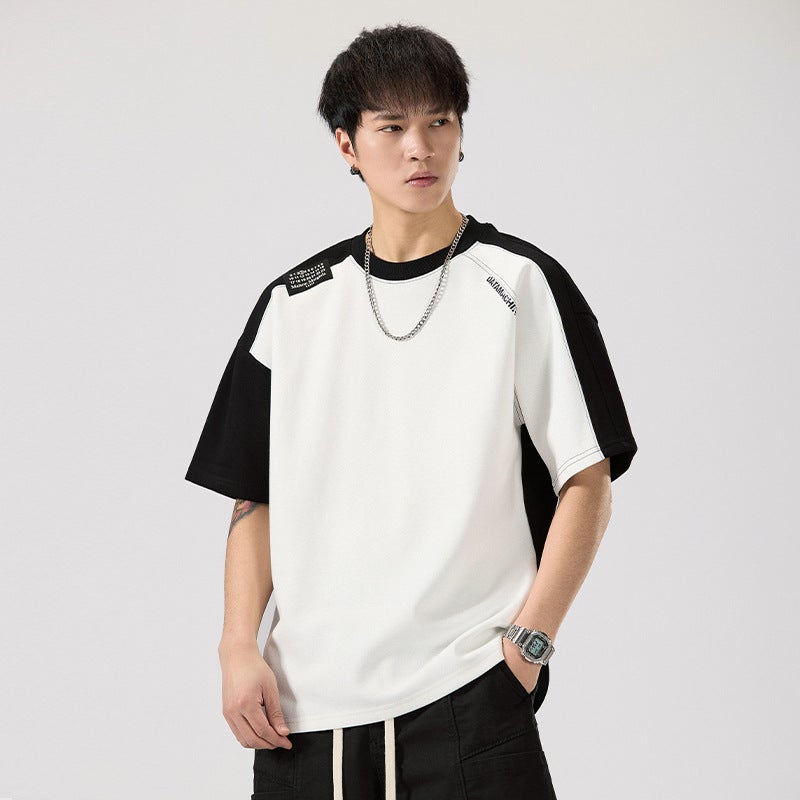 T9970 | plus size Men''s Summer New 260g Heavy Crewneck T-shirt Loose Shoulder Stitching Printed Short Sleeve Men - Image 2