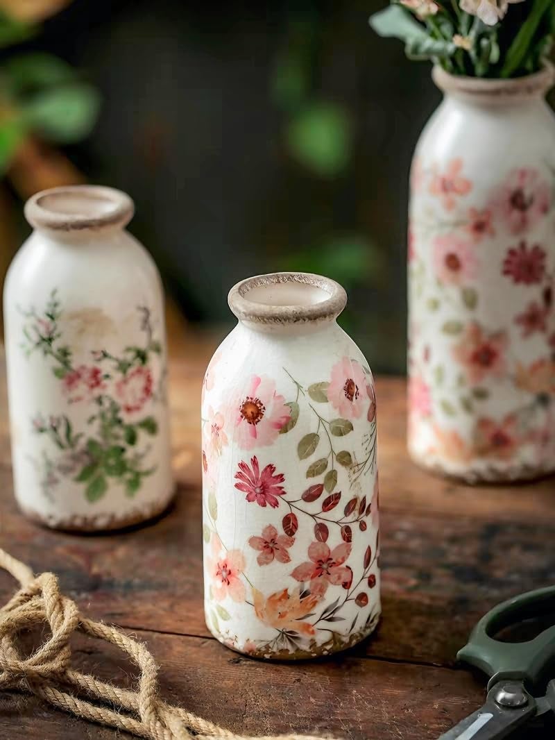 Teweiqi Vintage Flora Ceramic Vase Set, Retro Rustic Cute Vase Gift, Art Decorative Vase for Your Home, Kitchen, Bedroom, Office, Living Room, Bathroom, & Shelf Centerpiece Table Decorations - Image 1