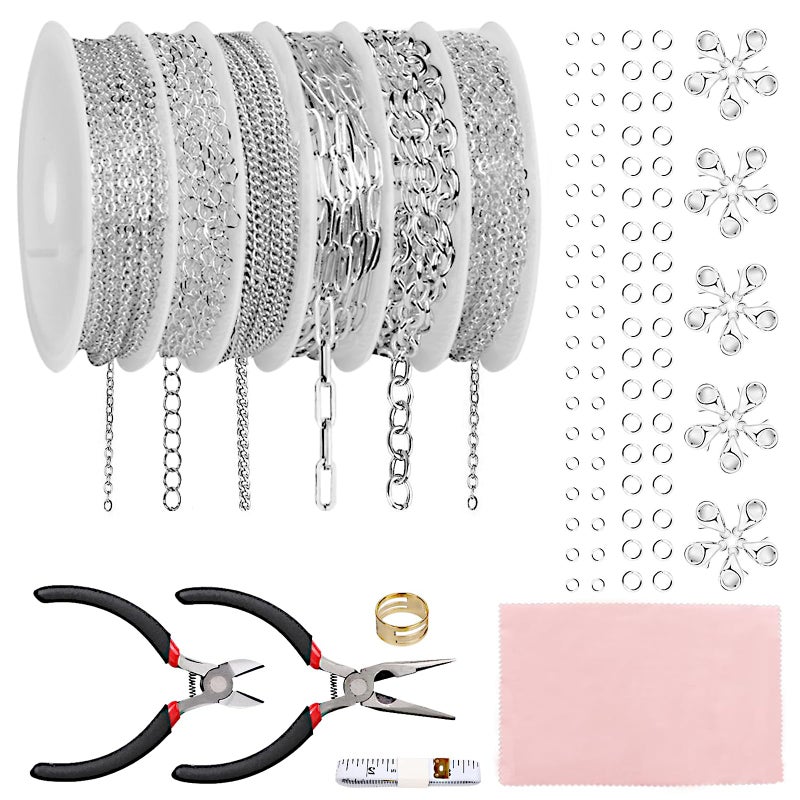 Fesorsi Silver Necklace Chain for Jewelry Making 46ft 6 Style Rolled Steel DIY Jewelry Chain Roll Bracelet Bulk Link Plated Permanent for Earring Anklet Craft with Jump Ring Lobster Clasp Pliers