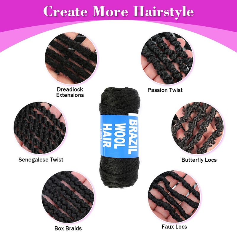 Youngther 100% Brazilian Wool Hair Acrylic Yarn for African Braids/Senegalese Twist/Faux Locs/Wraps with Crochet Hook(4 Roll, Natural Black) - Image 4