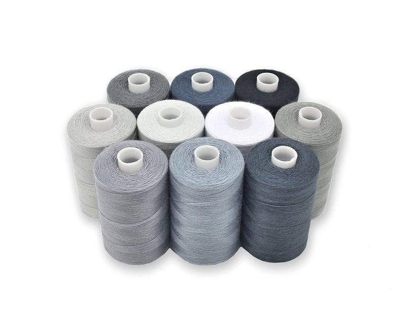Gray Sewing Threads  10 Large Spools of Polyester Thread for Hand Quilting  Sewing Machine  Grey Shades Plus Black  White  1000 Yards Per Spool