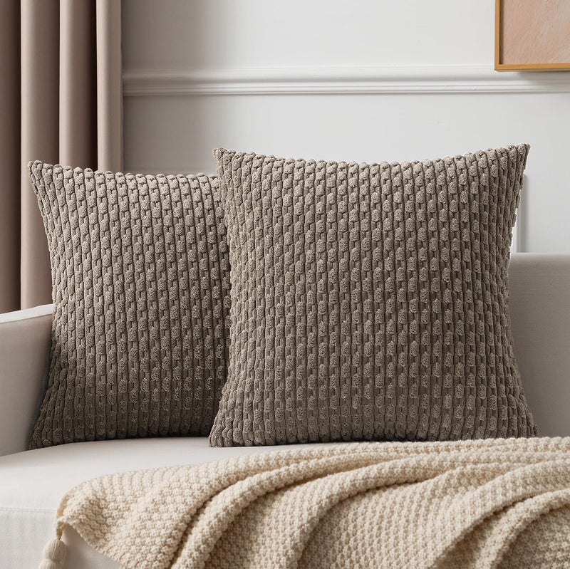 K KEVIN TEXTILE Kevin Textile Pack of 2 Corduroy Decorative Throw Pillow Covers 22x22 Inch Soft Boho Striped Pillow Covers Modern Farmhouse Home Decor for Spring Sofa Living Room Couch Bed Light Brown  - Image 1