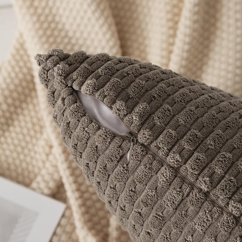 K KEVIN TEXTILE Kevin Textile Pack of 2 Corduroy Decorative Throw Pillow Covers 22x22 Inch Soft Boho Striped Pillow Covers Modern Farmhouse Home Decor for Spring Sofa Living Room Couch Bed Light Brown  - Image 2