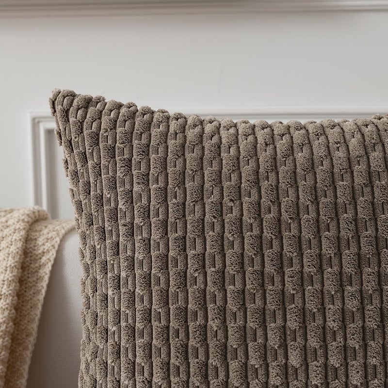 K KEVIN TEXTILE Kevin Textile Pack of 2 Corduroy Decorative Throw Pillow Covers 22x22 Inch Soft Boho Striped Pillow Covers Modern Farmhouse Home Decor for Spring Sofa Living Room Couch Bed Light Brown  - Image 3