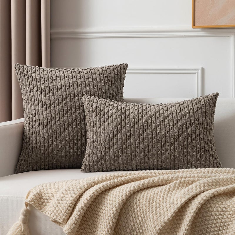 K KEVIN TEXTILE Kevin Textile Pack of 2 Corduroy Decorative Throw Pillow Covers 22x22 Inch Soft Boho Striped Pillow Covers Modern Farmhouse Home Decor for Spring Sofa Living Room Couch Bed Light Brown  - Image 4