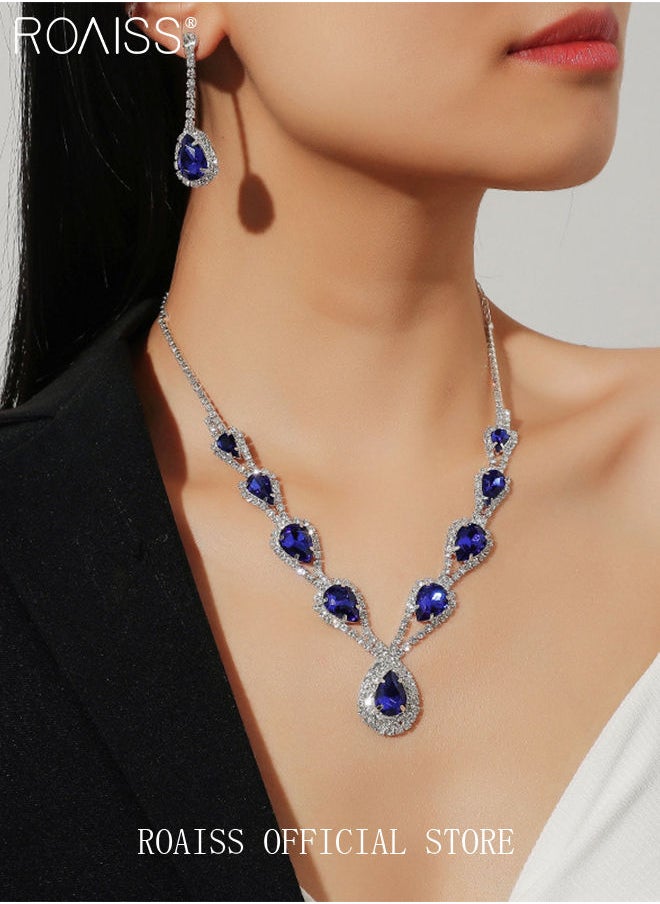 roaiss 3 Pcs Rhinestone Necklace Earrings Set Drop-Shaped Pendant V-Neck Chain Ear Dangle Bridal Evening Dress Accessories for Women 