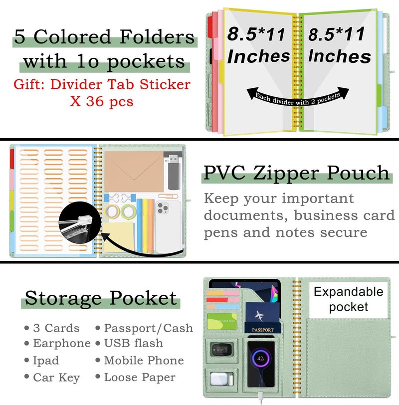 KLLVE Sauge Foldable Spiral Clipboard Folio with Storage Zipper Pouch, 5 Plastic Folders with Pockets,Refillable Lined Notepad (8.5" x 11"), Hardcover Project Organizer with 36 Stickers - Image 3