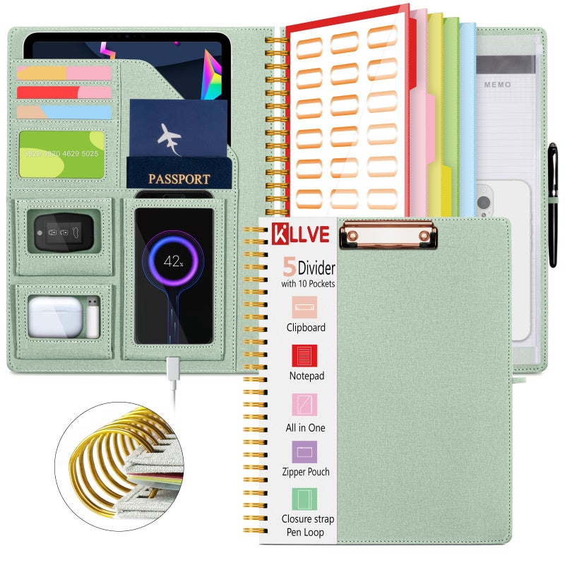 KLLVE Sauge Foldable Spiral Clipboard Folio with Storage Zipper Pouch, 5 Plastic Folders with Pockets,Refillable Lined Notepad (8.5" x 11"), Hardcover Project Organizer with 36 Stickers - Image 1