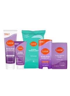 Lume Whole Body Deodorant Starter Pack Smooth Solid Stick Invisible Cream Tube Acidified Body Wash Mini & Deodorant Wipes Aluminum & Baking Soda Free Odor Control Skin Loving (Lavender Sage)  - Image 1