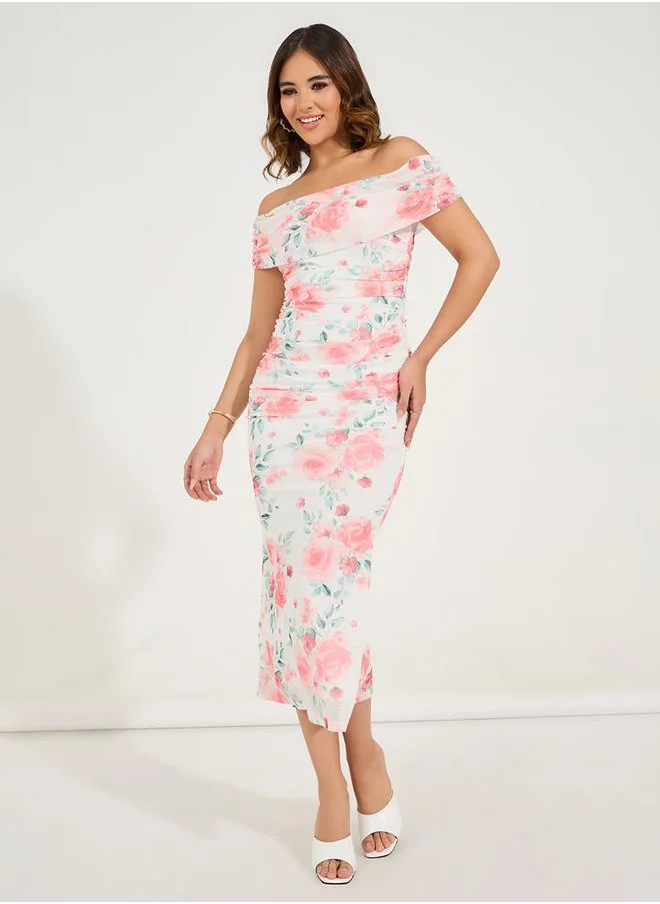 Styli Floral Print Off Shoulder Bodycon Midi Dress