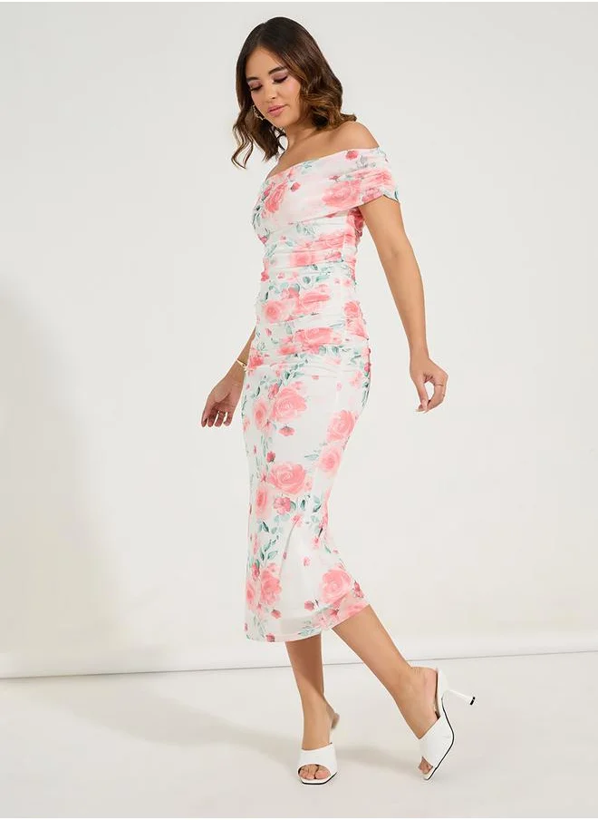 Styli Floral Print Off Shoulder Bodycon Midi Dress
