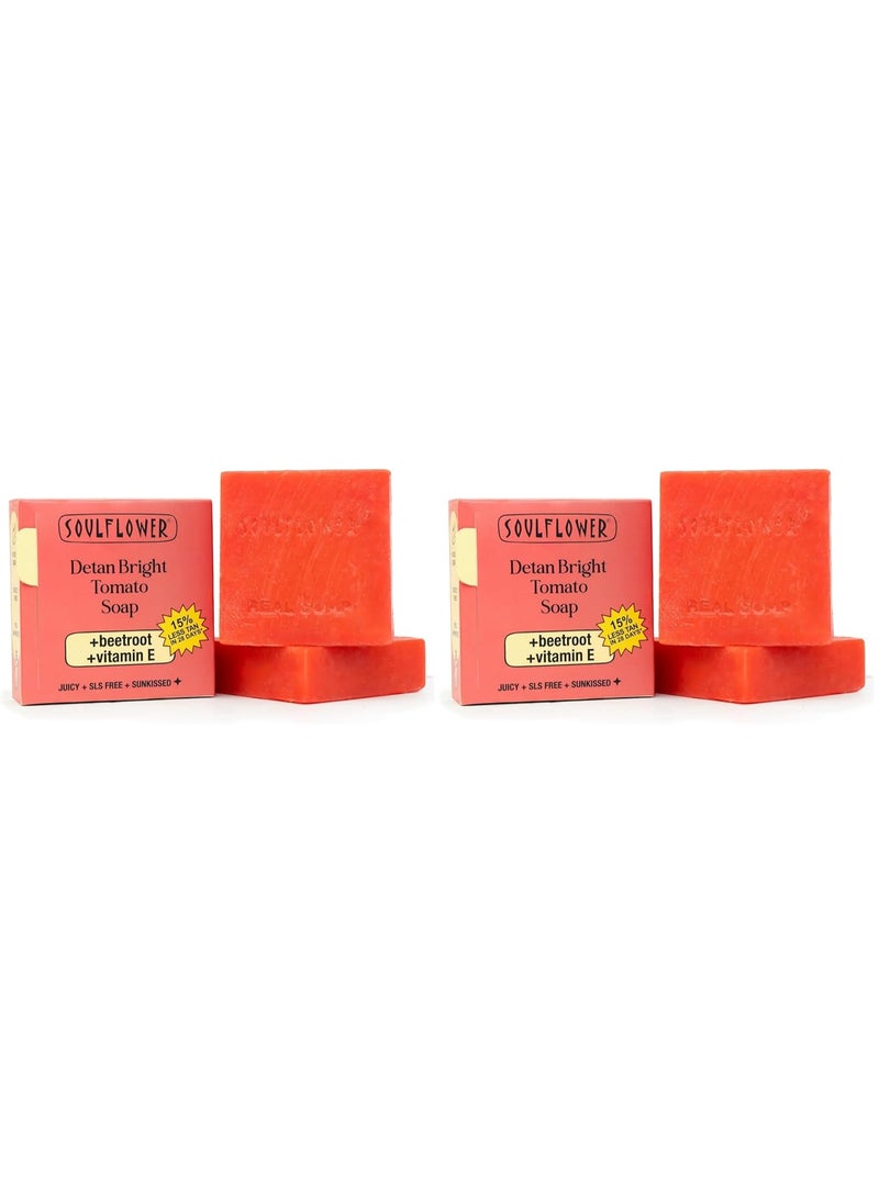Soulflower Juicy Red Tomato Soap for Tan Removal | Handmade Cold-Processed Natural Bathing Bar For Hard Water with Vitamin E & Beetroot|Skin Brightening, Anti-Acne & Pimple Care|All Skin Types|100g pack of 2 - Image 1