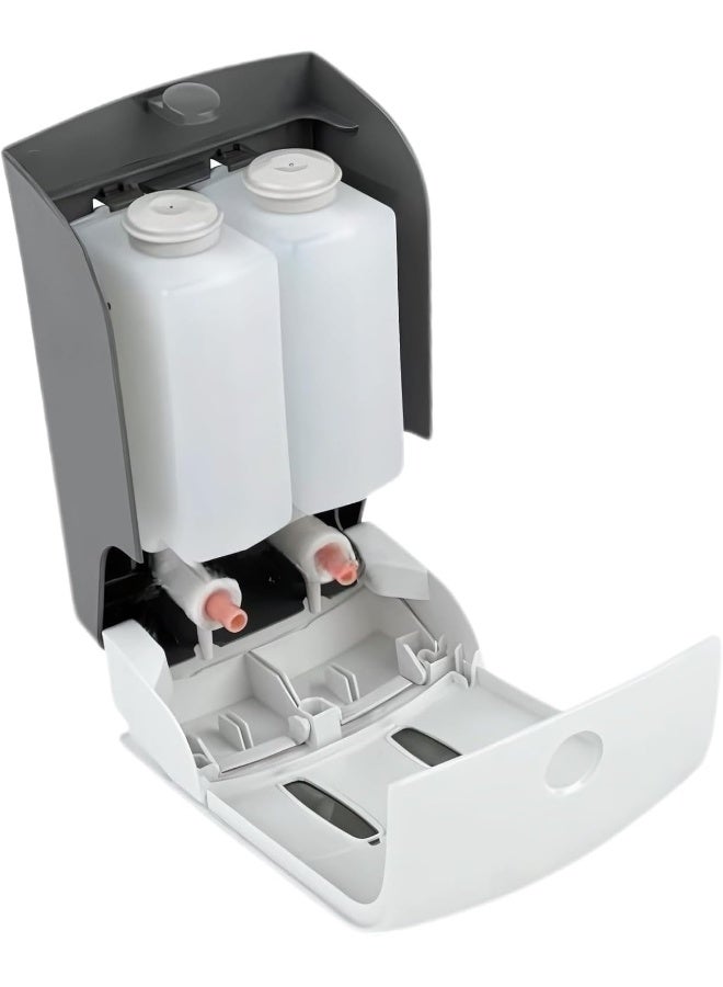 AKC حامل صابون مزدوج مثبت على الحائط – 2 × 550 مل موزع صابون ومعقم يدوي بلاستيكي، قابل لإعادة التعبئة، زر ضغط سهل التركيب للحمام، المطبخ، المكتب، الاستخدام التجاري (أبيض) - Image 4