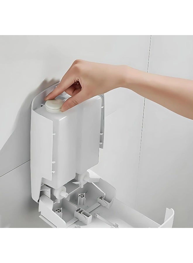 AKC حامل صابون مزدوج مثبت على الحائط – 2 × 550 مل موزع صابون ومعقم يدوي بلاستيكي، قابل لإعادة التعبئة، زر ضغط سهل التركيب للحمام، المطبخ، المكتب، الاستخدام التجاري (أبيض) - Image 3