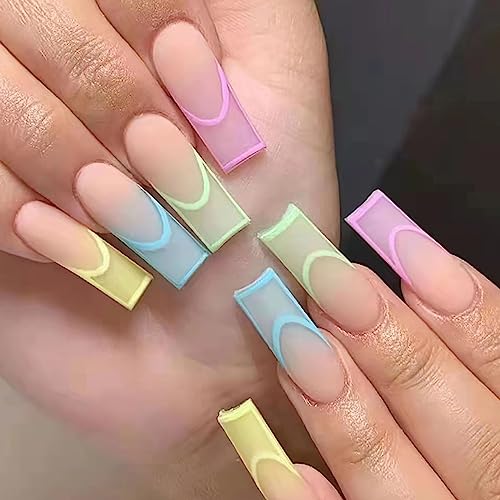 MABKJLF Long Square Press on Nails MABKJLF Summer French Tip Fake Nails Colorful Nail Tip Full Cover False Nails with Designs Matte Glue on Nails Artificial Acrylic Nail for Women Girls 24 Pcs - Image 1