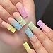 MABKJLF Long Square Press on Nails MABKJLF Summer French Tip Fake Nails Colorful Nail Tip Full Cover False Nails with Designs Matte Glue on Nails Artificial Acrylic Nail for Women Girls 24 Pcs - Image 2