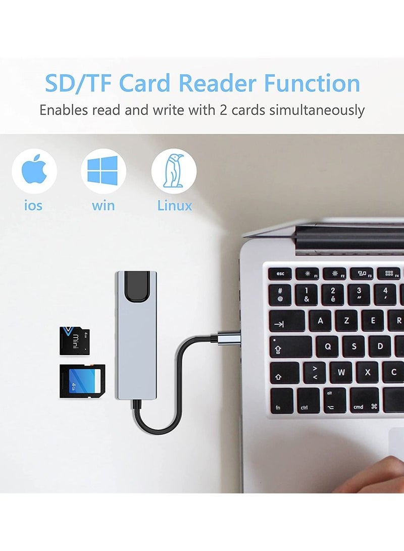 USB C Hub محول من النوع C متعدد المنافذ 6 في 1 مع منفذ إيثرنت منفذ بيانات 3.0 متوافق مع أجهزة MacBook Pro Chromebook XPS USB C