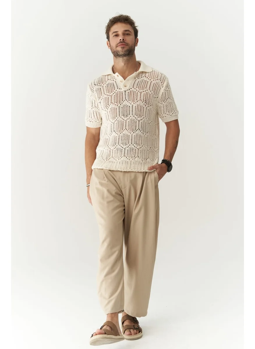 Bohemai Leonard Men's Button Detail Ecru Knitwear T-Shirt