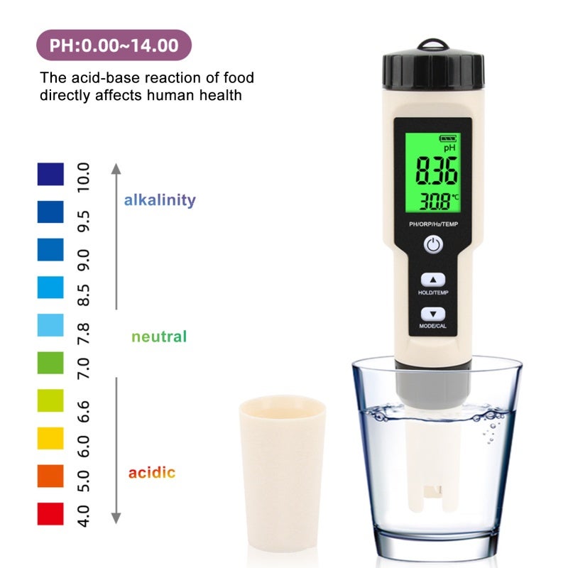 Digital PH Meter 4-In-1 PH ORP H2 Temperature Tester With LCD Display - Portable Probe Detachable Design High Accuracy for Water Food Testing - Image 4