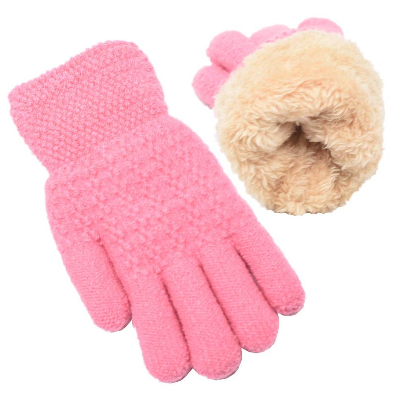 FENELY Winter Gloves for Boys Girls - Kids Warm Knit Thermal Cable Knitted Gloves Pink Wool Fleece Lined Mittens for Cold Weather - Image 1