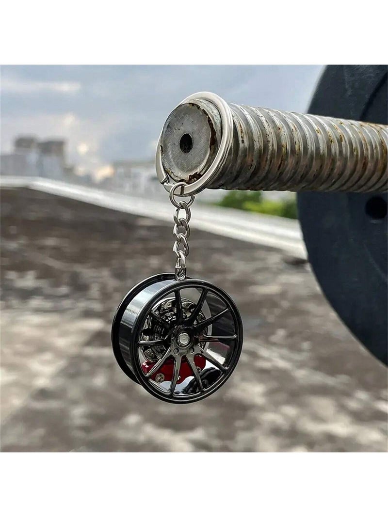 Metal Car Wheel Rim Keychain with Red Brake Caliper – Black Design for Car Enthusiasts - Image 2