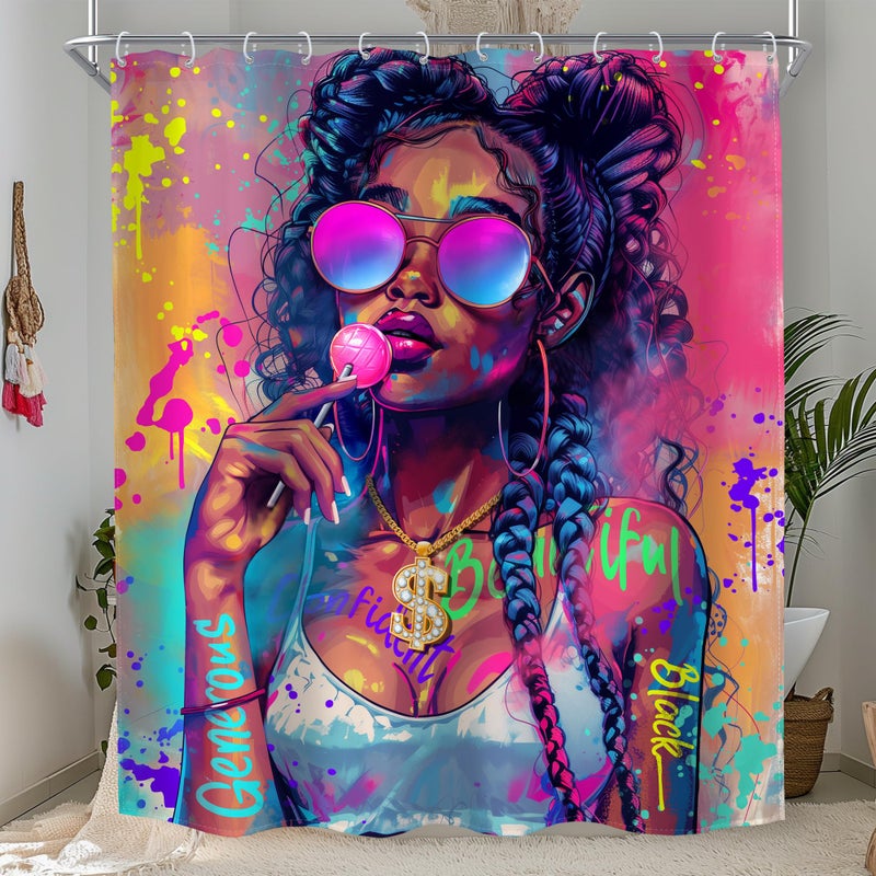 MESHELLY Black Girl Shower Curtain 60Wx72H Black Woman African American Modern Hip-pop Afro Lady Bathroom Curtain Inspirational Quote Bath Curtain Bathroom Accessories Decor with 12 Hooks - Image 1