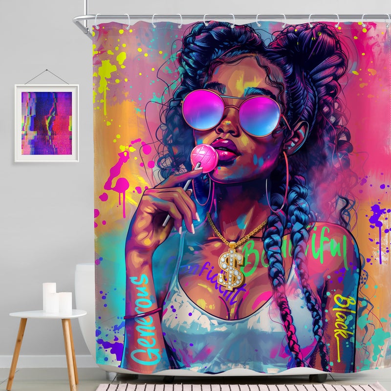MESHELLY Black Girl Shower Curtain 60Wx72H Black Woman African American Modern Hip-pop Afro Lady Bathroom Curtain Inspirational Quote Bath Curtain Bathroom Accessories Decor with 12 Hooks - Image 2