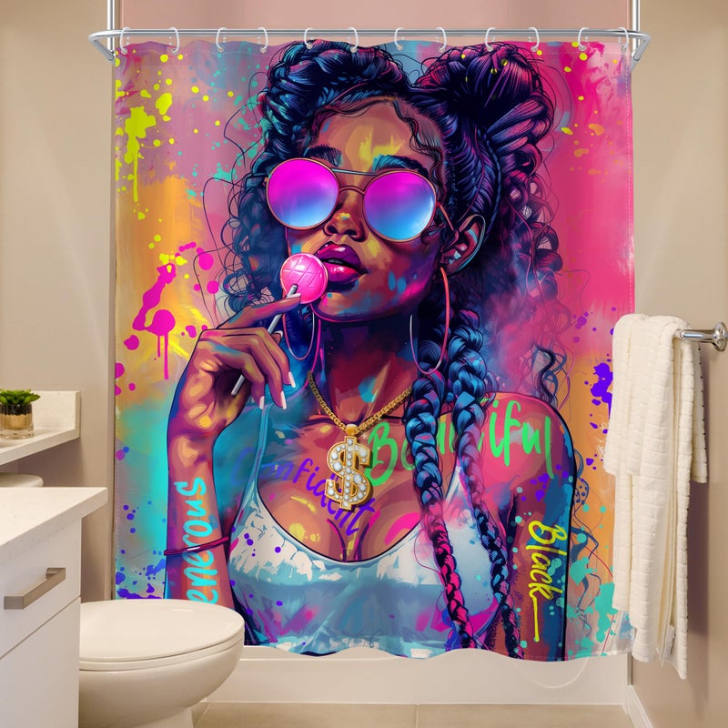 MESHELLY Black Girl Shower Curtain 60Wx72H Black Woman African American Modern Hip-pop Afro Lady Bathroom Curtain Inspirational Quote Bath Curtain Bathroom Accessories Decor with 12 Hooks - Image 4