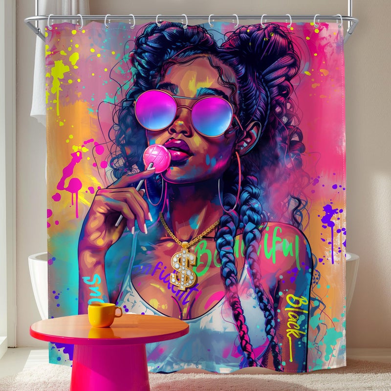 MESHELLY Black Girl Shower Curtain 60Wx72H Black Woman African American Modern Hip-pop Afro Lady Bathroom Curtain Inspirational Quote Bath Curtain Bathroom Accessories Decor with 12 Hooks - Image 3
