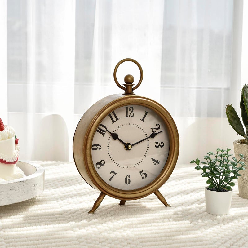 EMAX HOME EMAX HOME Vintage Table Clock on Stand Decorative Desk and Shelf Clock Rustic Mantel Clock NonTicking Metal Frame with Antique Gold Finish