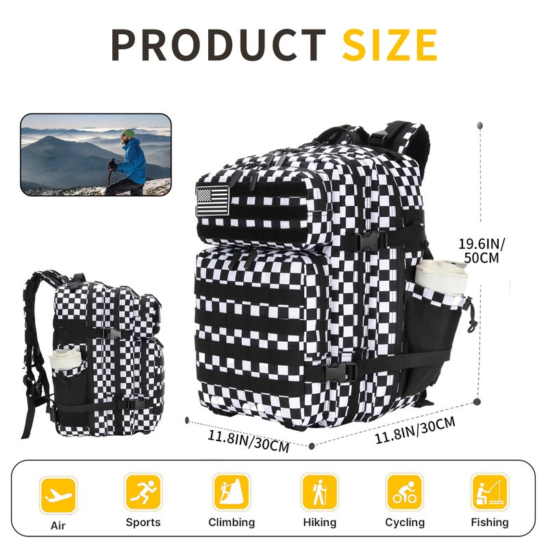 Lovelinks21 45L Tactical Assault Backpack 3 day assault pack with Molle Waterproof backpack Rucksack for Tactical Backpacks (Black and white check) - Image 5