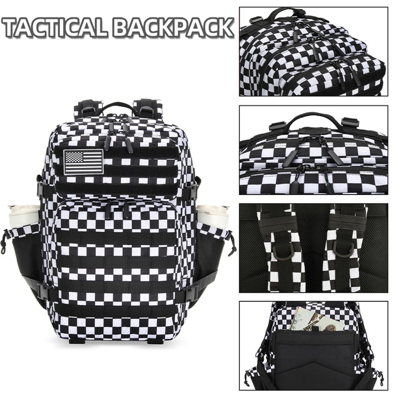 Lovelinks21 45L Tactical Assault Backpack 3 day assault pack with Molle Waterproof backpack Rucksack for Tactical Backpacks (Black and white check) - Image 2