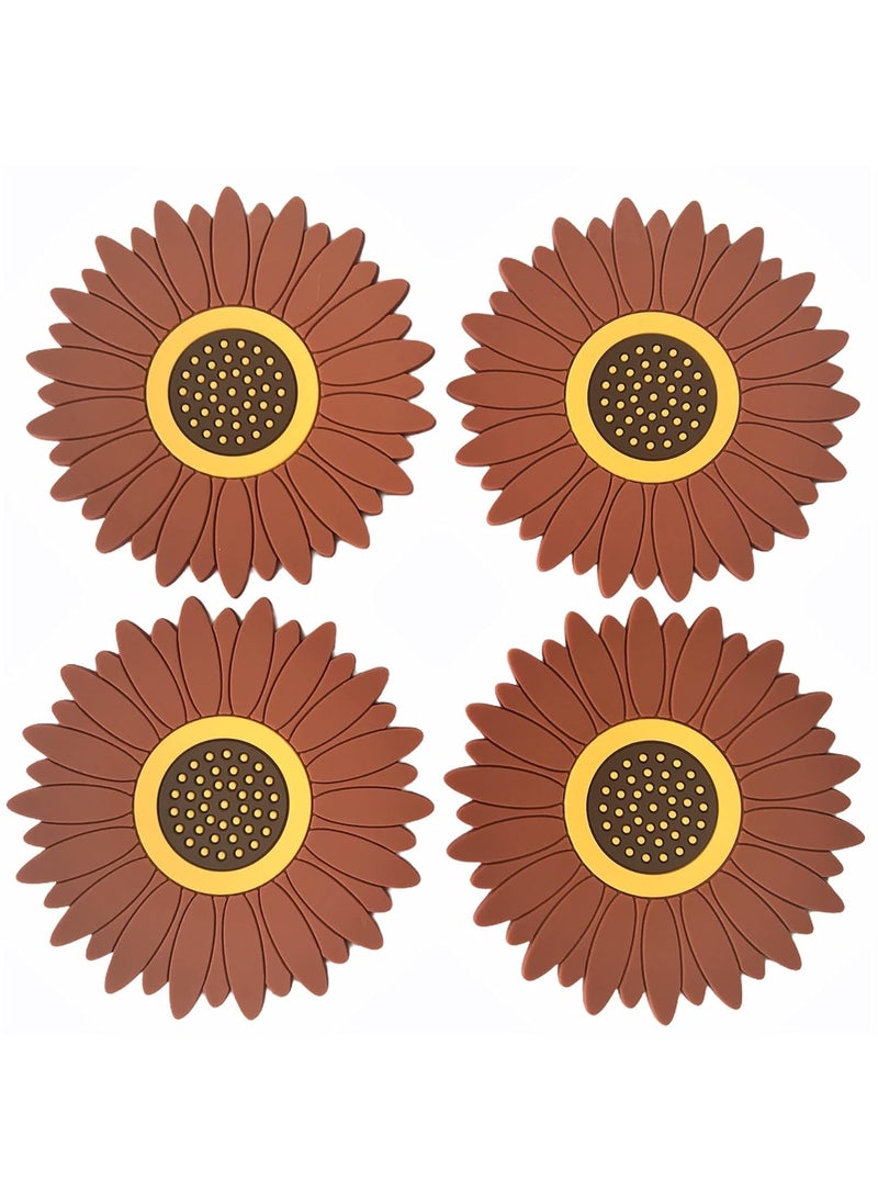 Livyu life - LIVYU LIFE Sunflower Drink Coasters 4Pcs Pack, PVC Coasters for Drinks, Flower Soft Rubber Coaster, Protect Furniture from Water Marks or Damage, Non Slip Coasters (Small, Brown) (Brown- 4 PCS) - Image 1