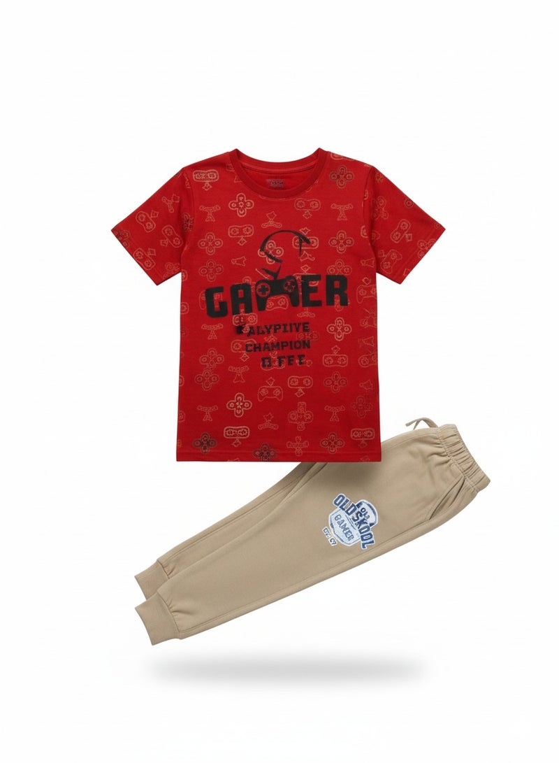 جوانا طقم بيجاما أولاد جوآنا مطبوع بياقة دائرية وسروال، أحمر - Image 1