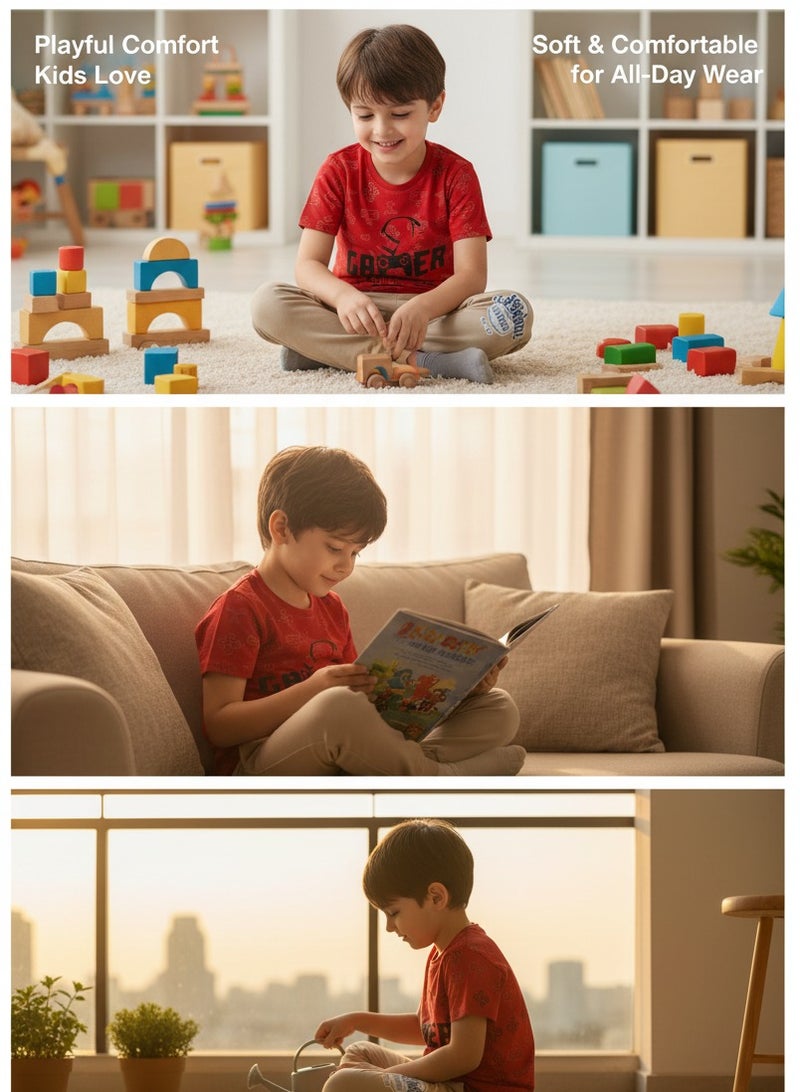 جوانا طقم بيجاما أولاد جوآنا مطبوع بياقة دائرية وسروال، أحمر - Image 2