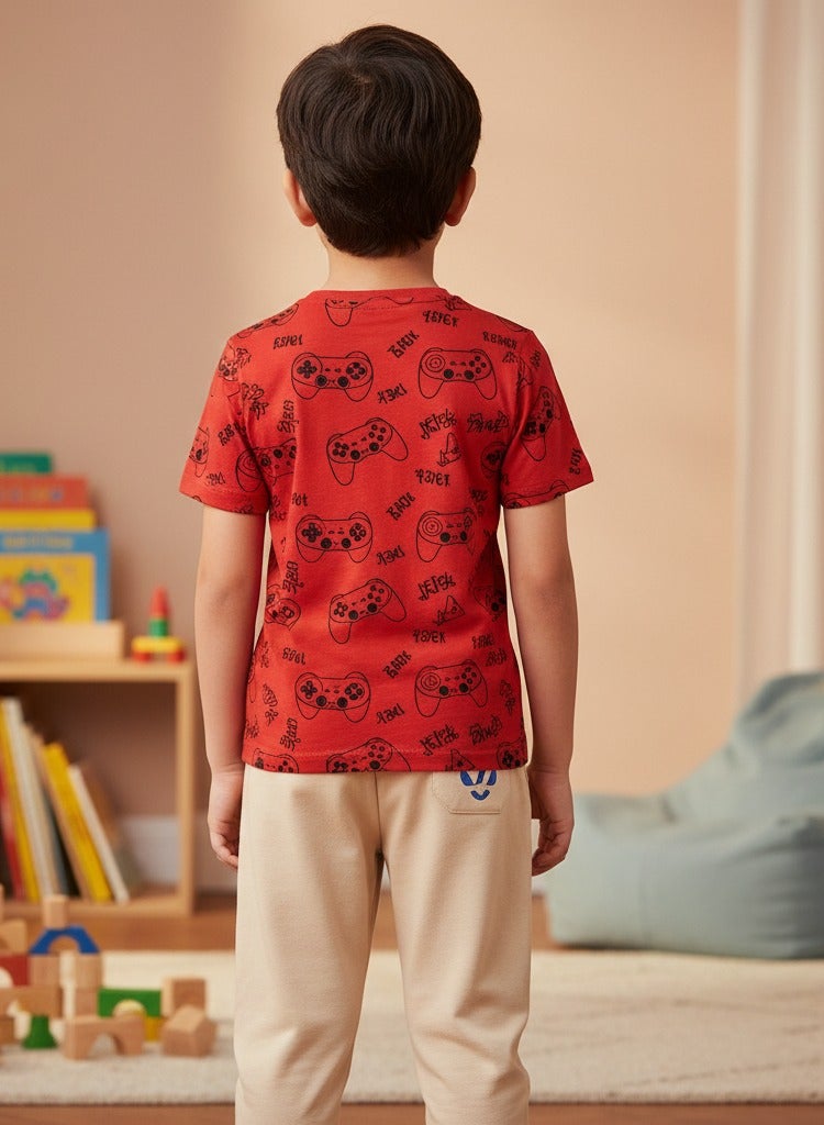 جوانا طقم بيجاما أولاد جوآنا مطبوع بياقة دائرية وسروال، أحمر - Image 3