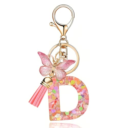 CoolShef Pink Letter D Keychain for Girls Cute | Aesthetic Initial Keychains with Butterfly & Tassel | Personalized Bag Charm for Key, Purse, Backpack, Handbag - Image 1