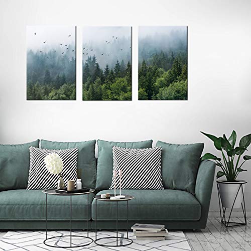 tigeridge Green Forest Wall Art Tropical Forest Mountain Bird Contemporary Canvas Pictures Modern Artwork Framed for Bathroom Bedroom Nursery Living Room Home Office Kitchen Wall Decor 16" x 24" 3 Pieces - Image 2