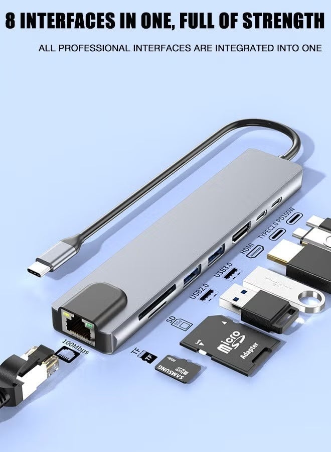 جيكومو محول USB-C متعدد المنافذ 8 في 1 بدقة 4K30Hz | منفذ شبكة، USB 3.0، قارئ بطاقات SD، شحن PD سريع | محول Type-C متعدد المنافذ هذا الموسع متعدد المنافذ مناسب لأجهزة الكمبيوتر المحمول وأجهزة الكمبيوتر المكتبي وPS5 والفأرات ولوحات المفاتيح ومحركات أقراص USB والطابعات. - Image 4